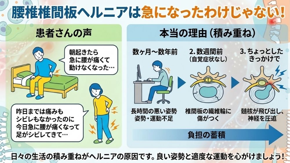 腰椎椎間板ヘルニアは急に発症しない！札幌の鍼灸で解消