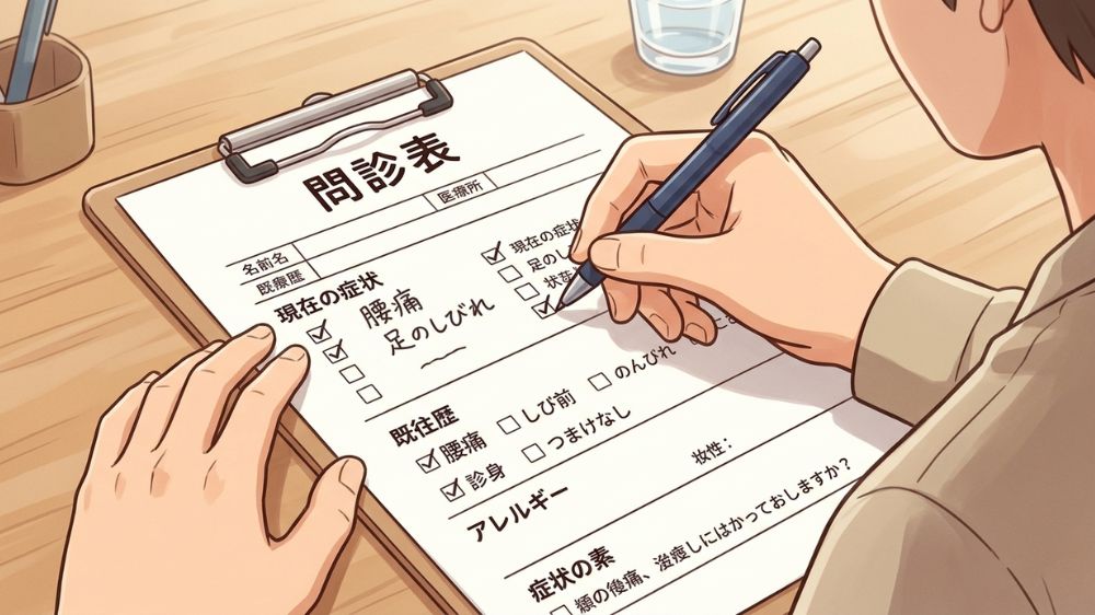 札幌の鍼灸院で腰痛の問診表を書く男性