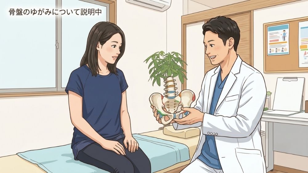 札幌市中央区の鍼灸整体師が骨盤の歪みでなぜ腰痛になるかを説明中