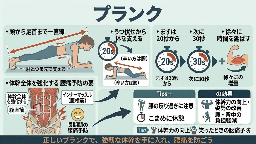 プランクで笑うと痛む腰痛の予防に最適