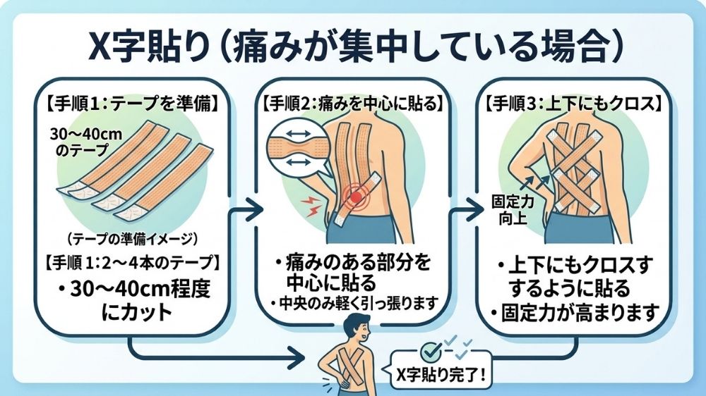 腰痛X字貼りテーピングマッチ鍼灸整骨院で指導