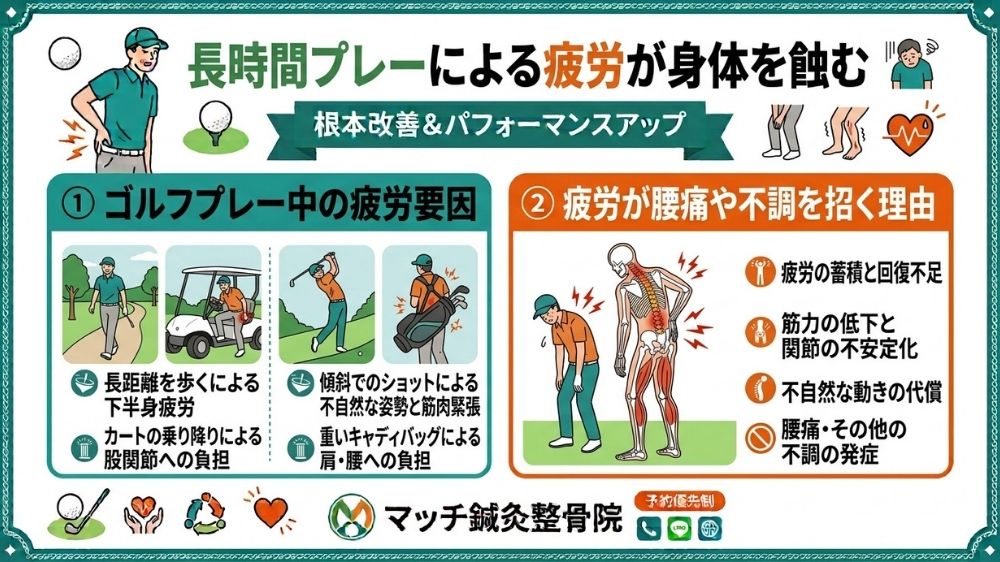 ゴルフによる長時間のプレーで腰痛を引き起こす事もあり