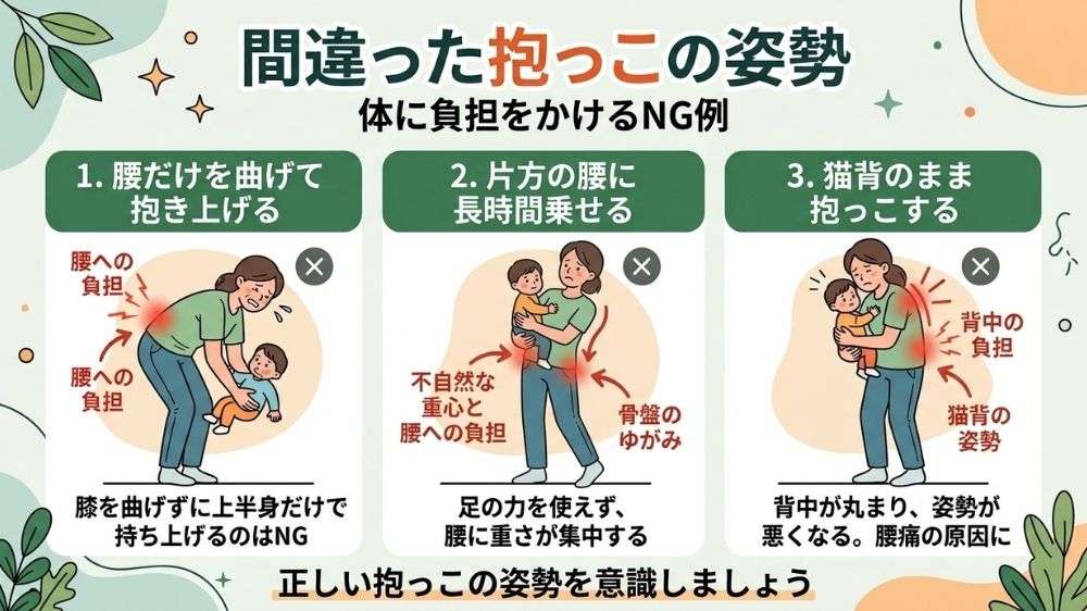 間違った抱っこ姿勢で腰痛発生