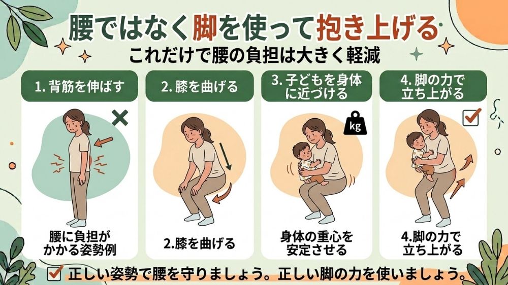 子供を抱きかかえる時は膝を使って持ち上げないと腰痛になります