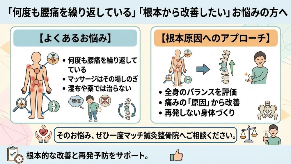 何度も繰り返す腰痛は札幌市中央区円山大通のマッチ鍼灸整骨院に相談