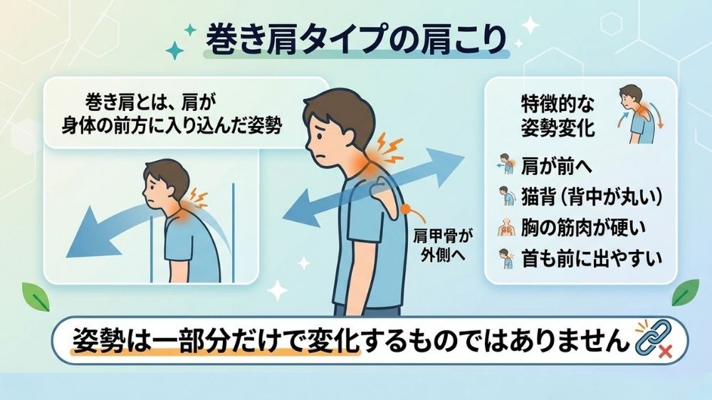 巻き型タイプの肩こりを鍼灸整体で改善